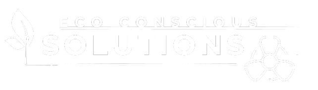 Eco Conscious Solutions logo. White text on a gray background with a leaf and a fan. Eco-friendly solutions for a sustainable future in Southlake, TX.