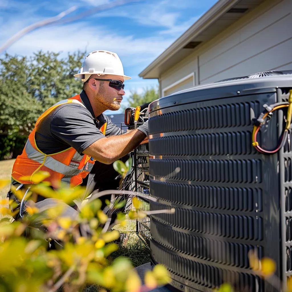 HVAC technician performing AC repair service on an air conditioning unit. Air conditioning maintenance in Southlake, TX for home cooling systems.