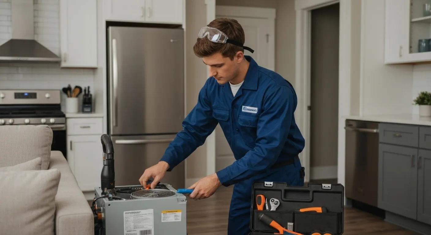 Technician performing HVAC maintenance in a home, illustrating benefits of fall tune-ups