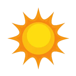 Cartoon sun with yellow center and orange rays. Sun illustration for weather forecasts or summer themes in Southlake, TX.