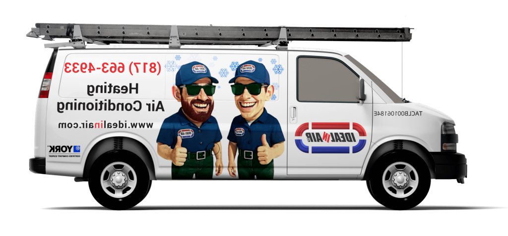 HVAC service van for Copper Canyon, TX, featuring cartoon technicians, company logo, phone number, and website for heating and air conditioning.