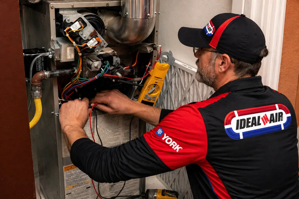 Ideal In Air technician inspecting and repairing a furnace