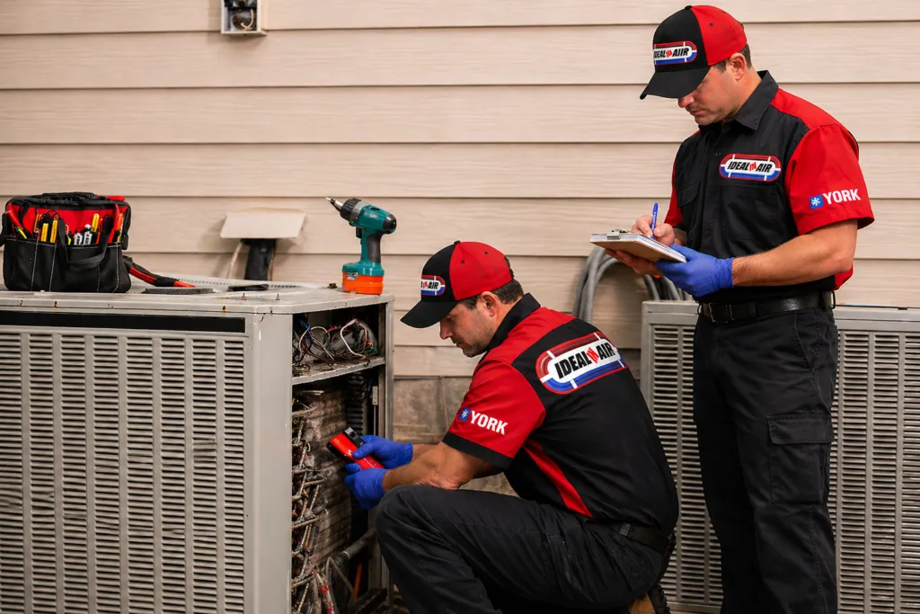 Ideal In Air technicians servicing an outdoor air conditioning system