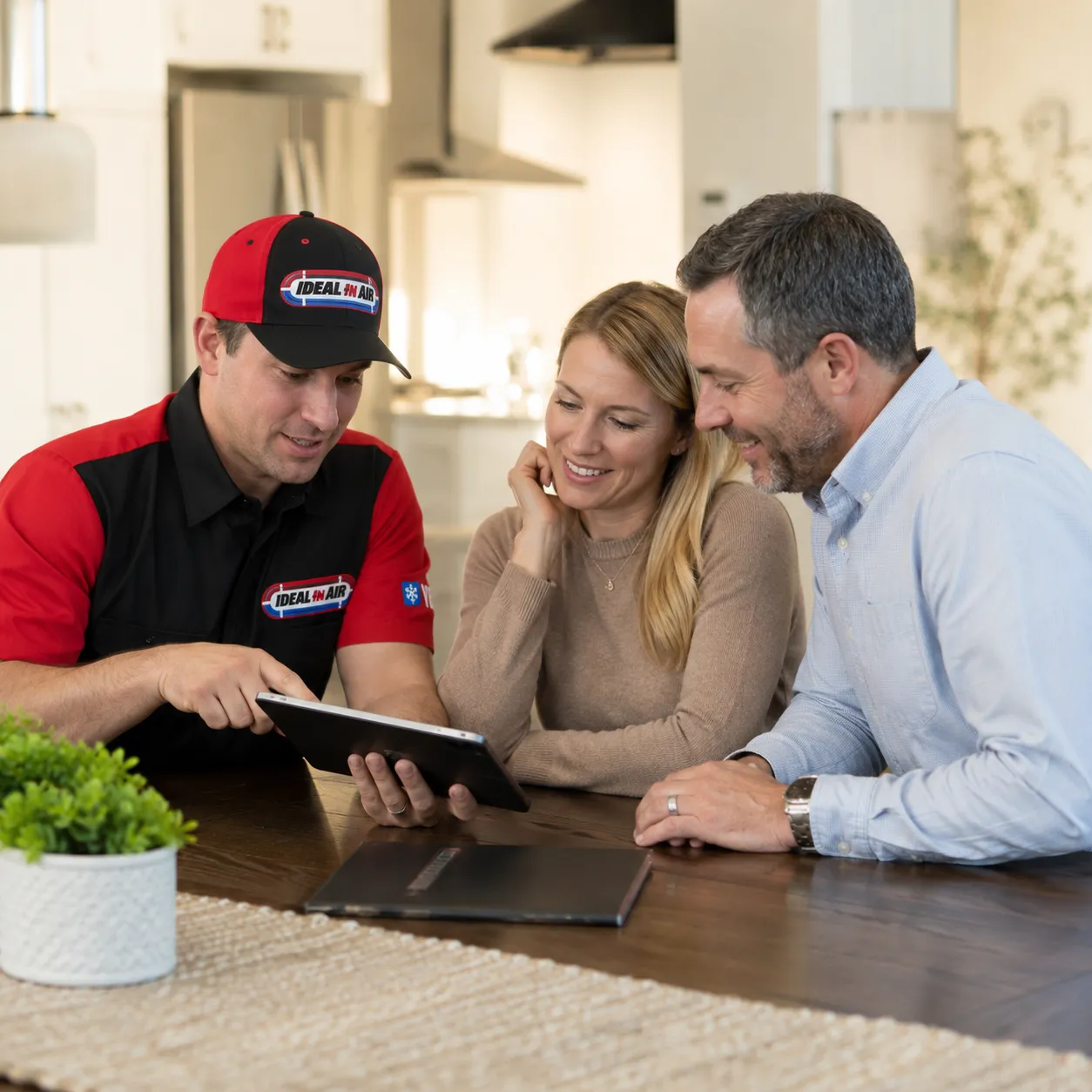 Ideal In Air technician reviewing HVAC financing options with homeowners